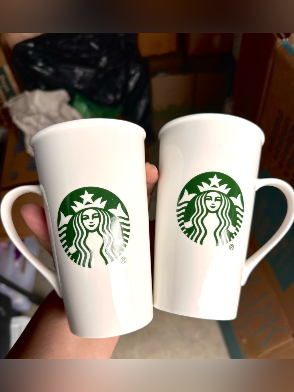 2 Starbucks 16 oz Tall Travel Ceramic White Mug with Green Siren logo